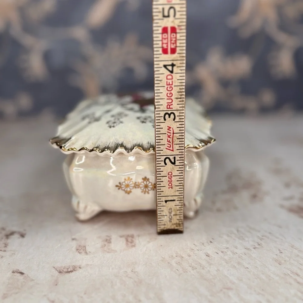 Vintage Japanese Hand-Painted Porcelain Trinket Box Floral Iridescent